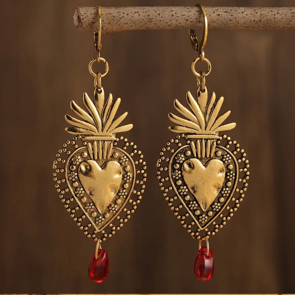 Queen Heart Drop Gold Red Gem‎ Bling Women's Earrings Party